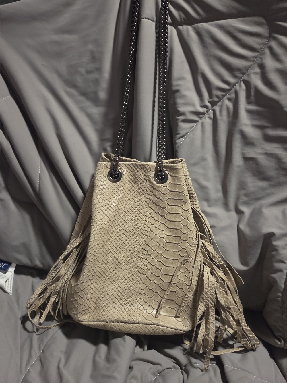 NWOT Italian Leather Fringed Snake-Embossed Bucket Bag - Taupe